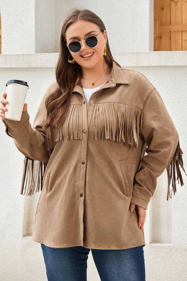 Fringe Trim Plus Size Suede Shacket-Lastshoppingexit