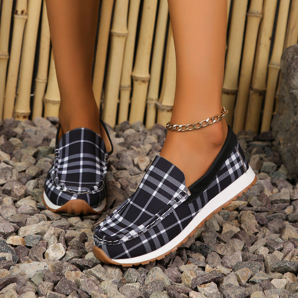 Plaid Round Toe Slip-Ons-Lastshoppingexit