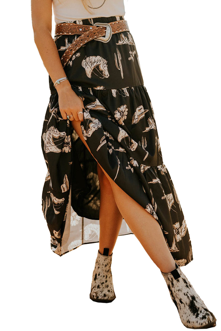 Western Print Tiered Ruffled High Waist Maxi Skirt-Lastshoppingexit