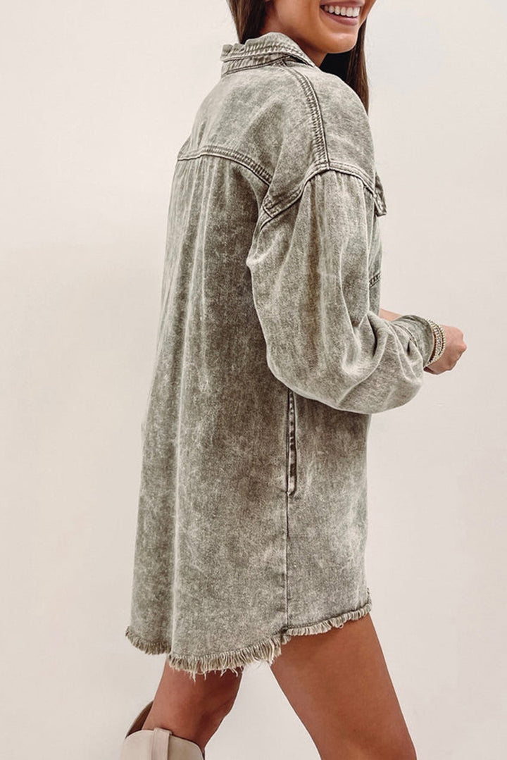 Acid Wash Flap Pocket Raw Hem Tunic Denim Jacket-Lastshoppingexit