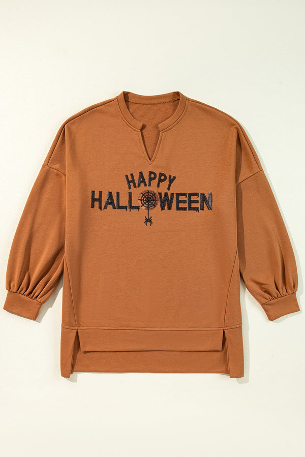 Happy Halloween Graphic Notched Neck Long Sleeve Top