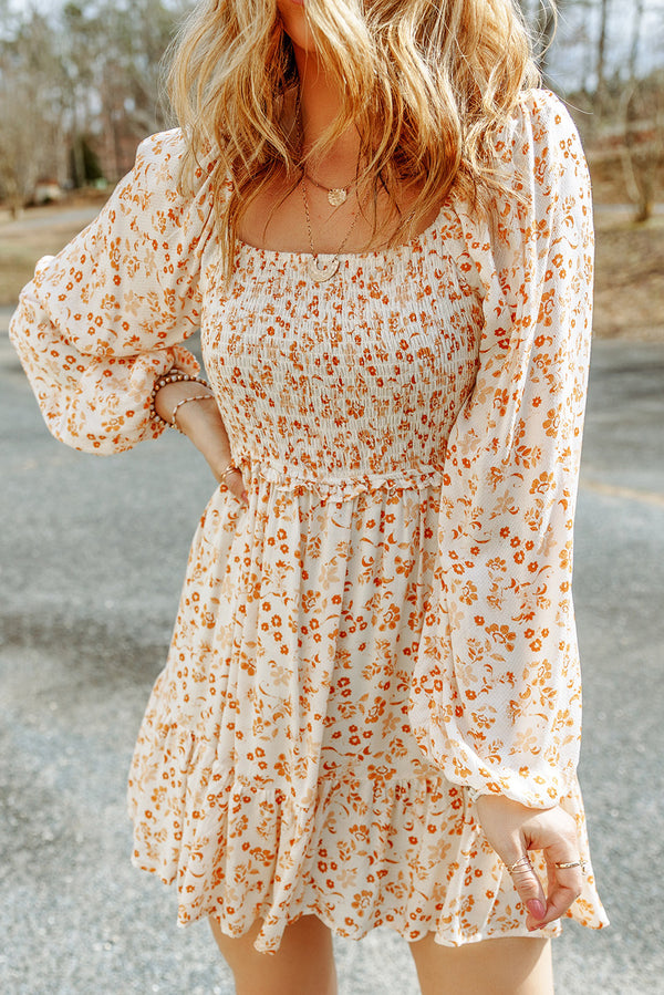 Apricot Floral Smocked Puff Sleeve Mini Dress-Lastshoppingexit