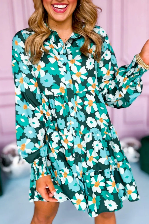 Floral Tiered Long Puff Sleeve Shirt Dress-Lastshoppingexit