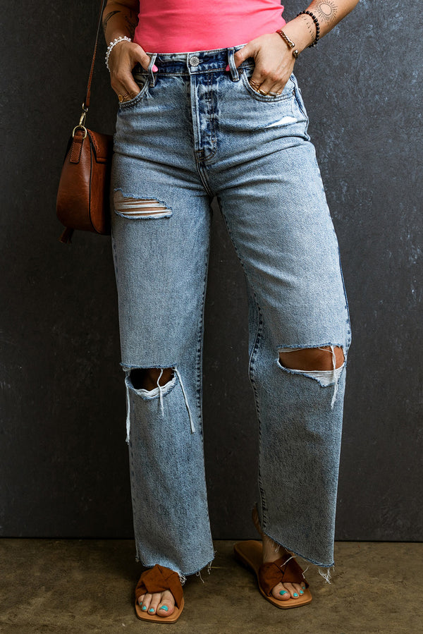 Distressed Ripped Raw Hem Straight Jeans-Lastshoppingexit