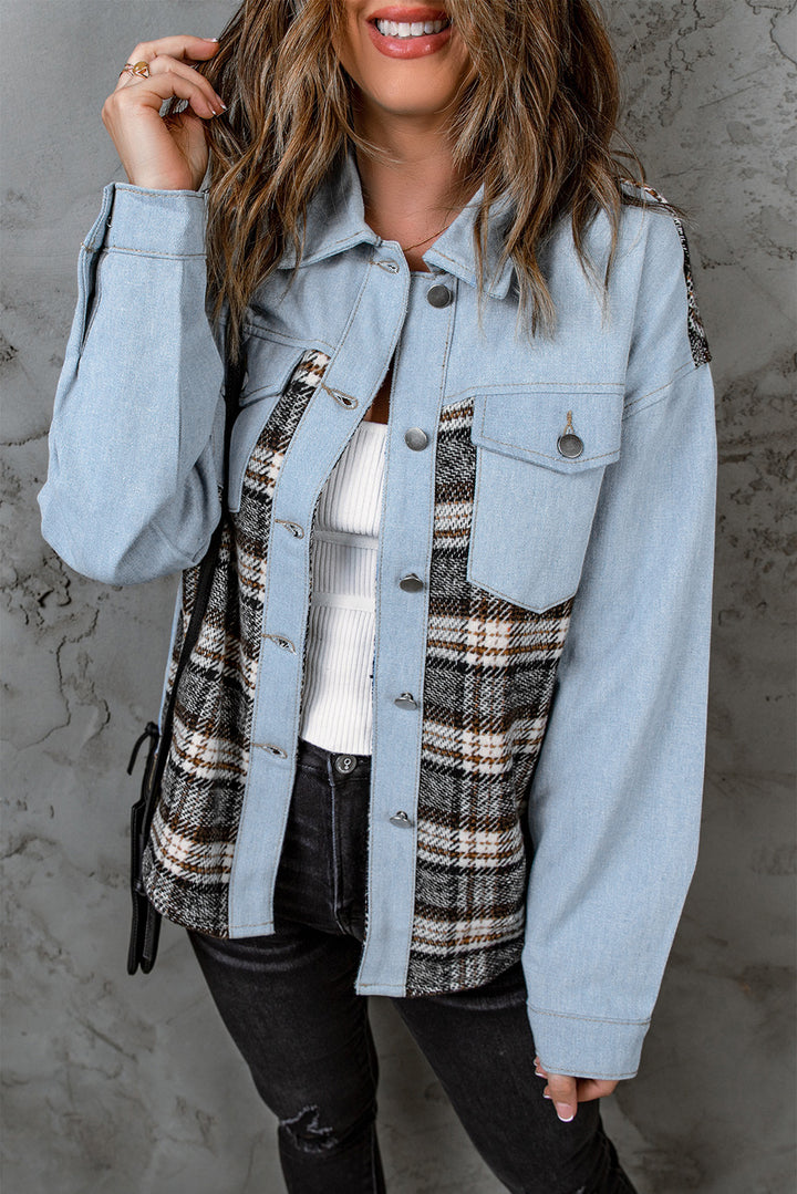 Plaid Patchwork Raw Hem Denim Jacket-Lastshoppingexit