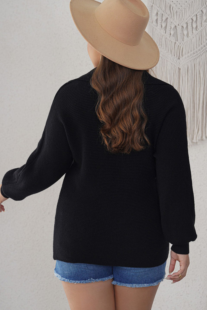 Ribbed Knit Lapel Neck Curvy Sweater-Lastshoppingexit