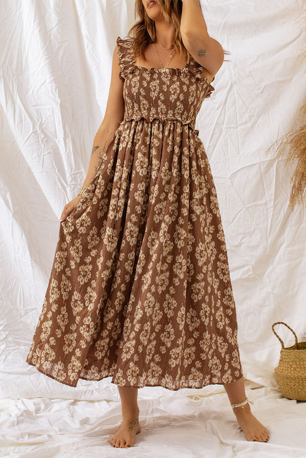 Ruffled Straps Smocked Floral Maxi Dress-Lastshoppingexit