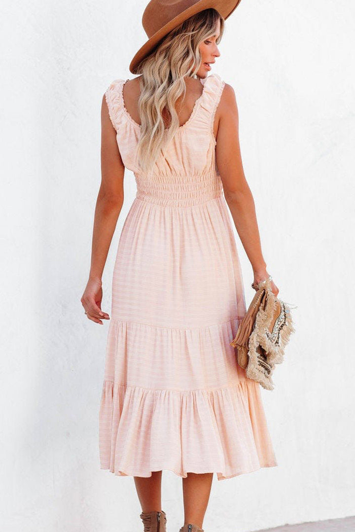 Apricot Smocked Ruched Sleeveless High Waist Midi Dress-Lastshoppingexit