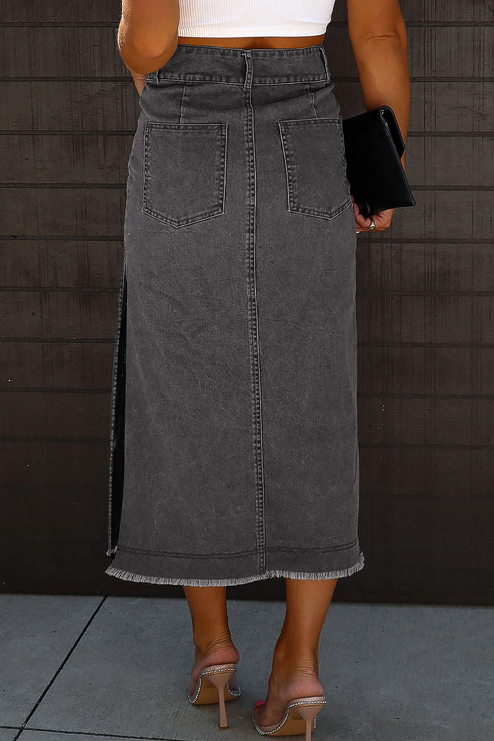 Raw Edge Side Slits Buttoned Midi Denim Skirt-Lastshoppingexit