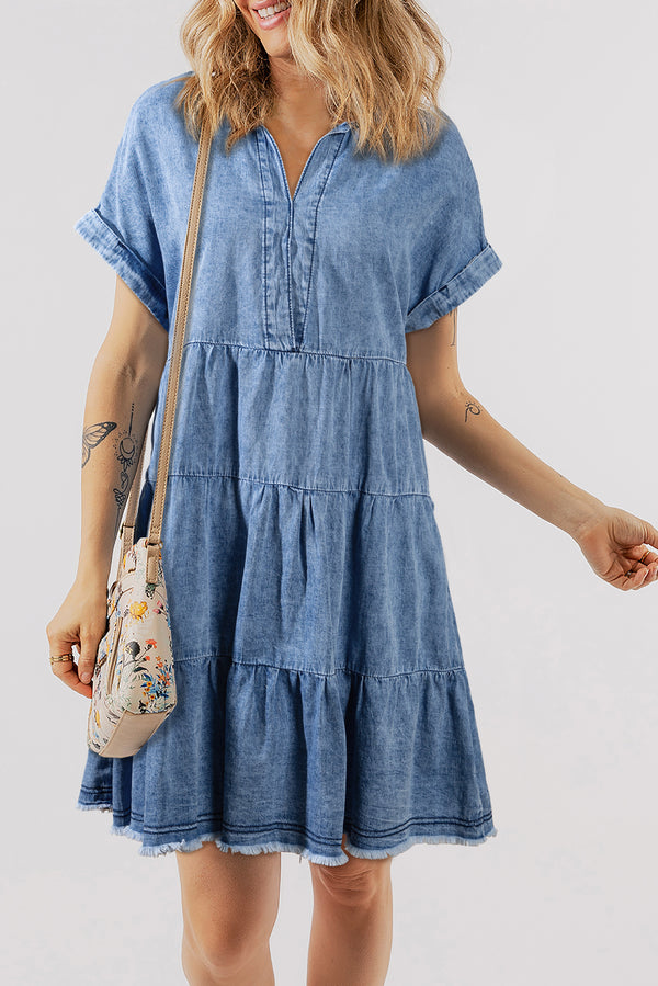 Acid Wash V Neck Tiered Denim Dress-lastshoppingexit