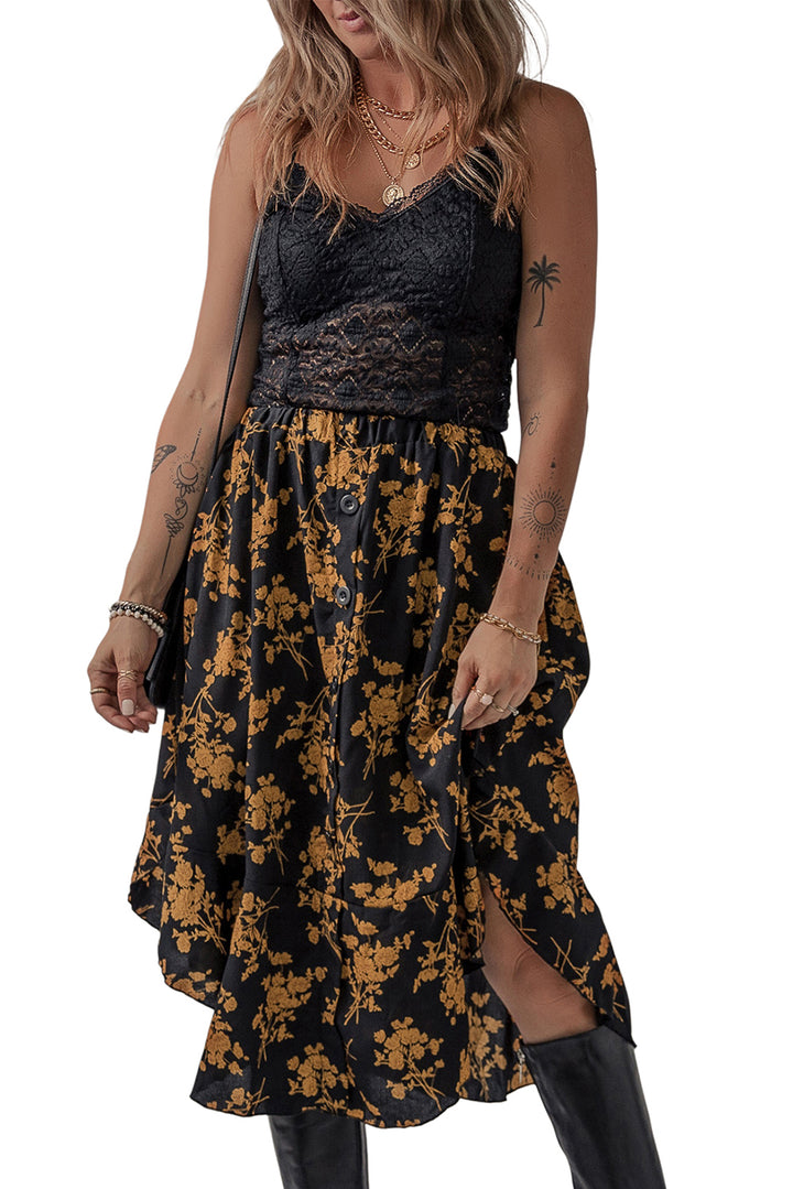 Printed Elastic Waist Button Decor Floral Ruffle Skirt-Lastshoppingexit