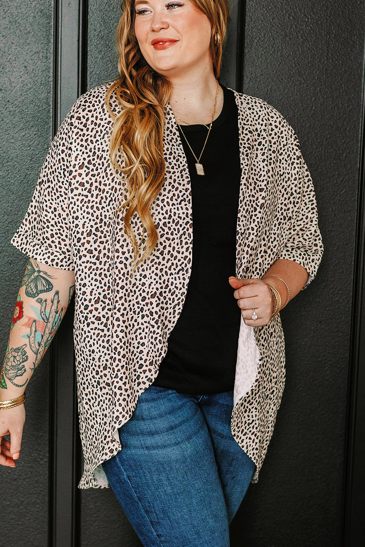 Plus Size Leopard Print Half Sleeve Open Front Cardigan-Lastshoppingexit