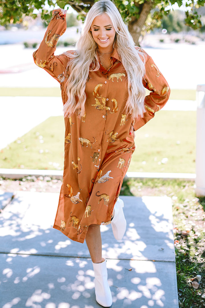 Cheetah Print Button-Up Split Shirt Dress-Lastshoppingexit