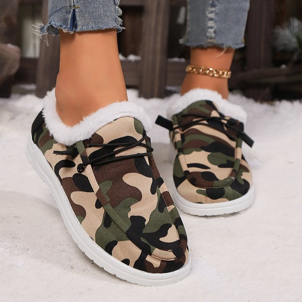 Fuzzy Camouflage Round Toe Boots-Lastshoppingexit