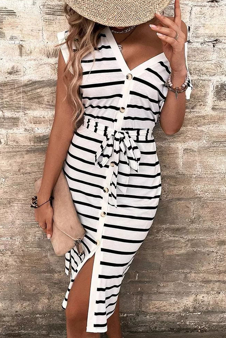 Striped Button Slit Tie V-Neck Midi Dress-Lastshoppingexit