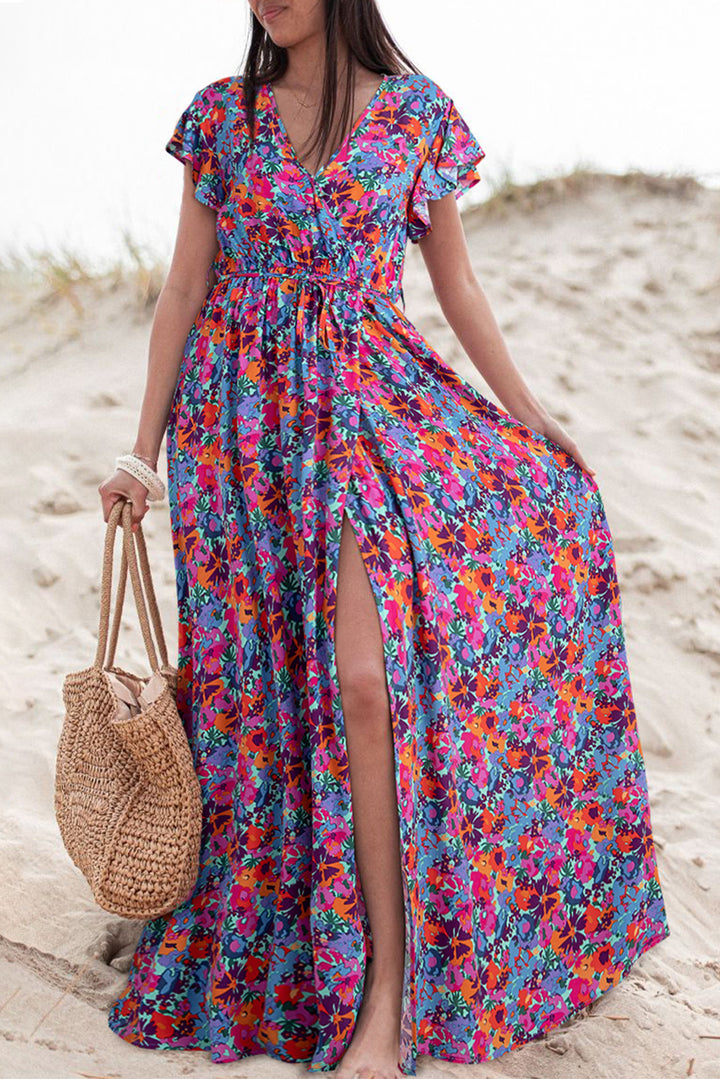 Floral Print V Neck Wrap Split Maxi Dress-Lastshoppingexit