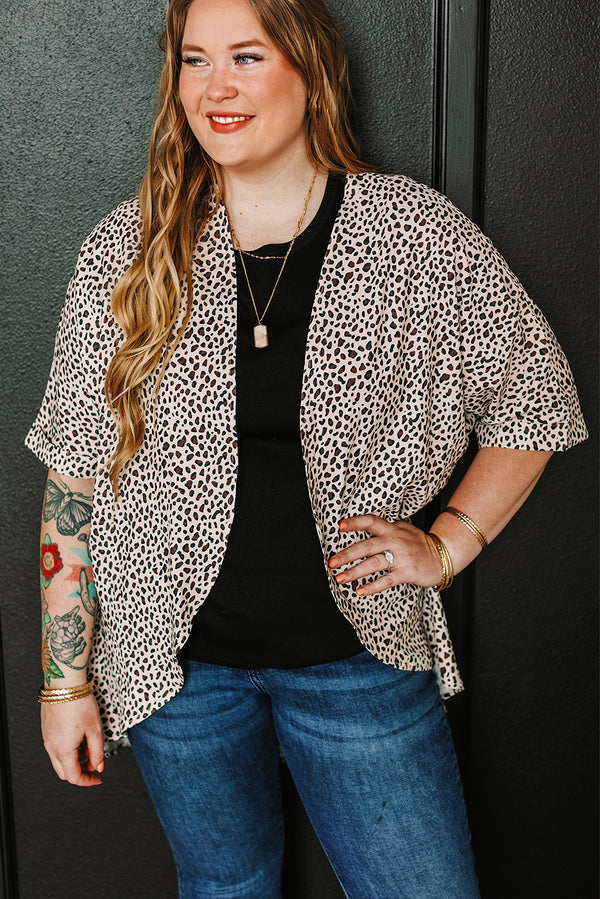 Plus Size Leopard Print Half Sleeve Open Front Cardigan-Lastshoppingexit