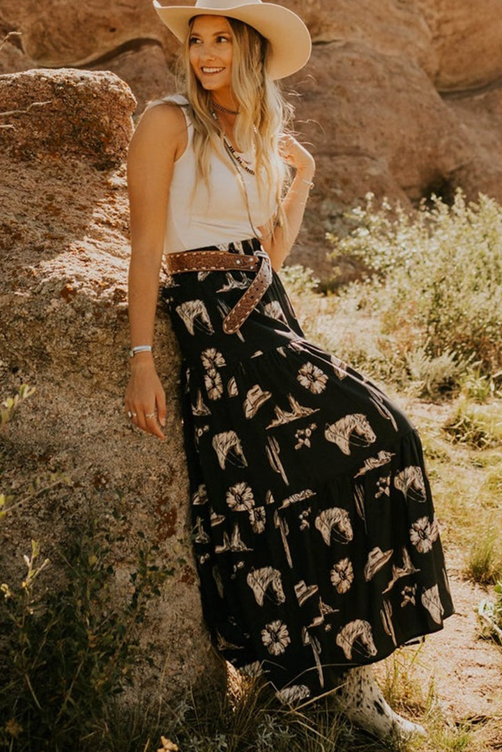 Western Print Tiered Ruffled High Waist Maxi Skirt-Lastshoppingexit