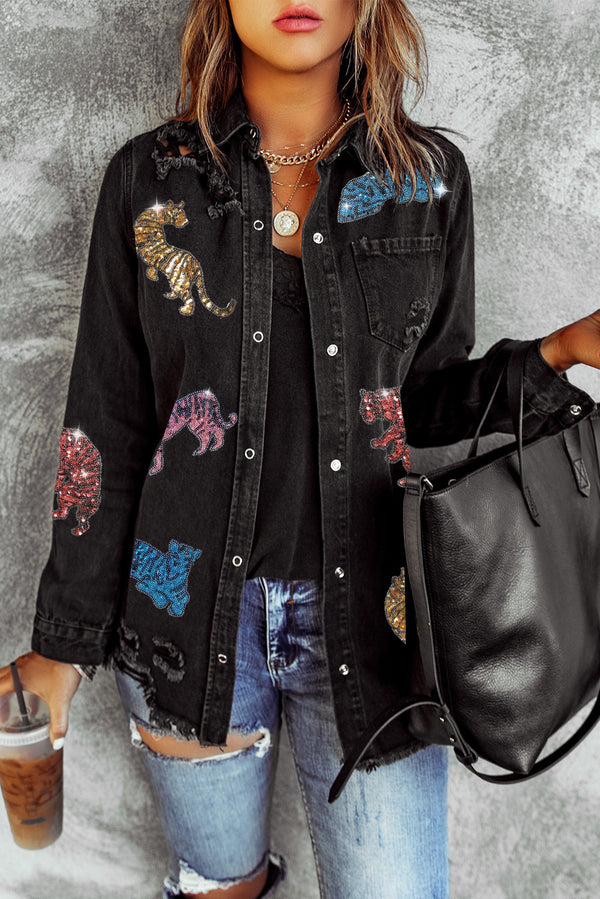 Sequined Tigers Graphic Raw Hem Frayed Denim Jacket-Lastshoppingexit