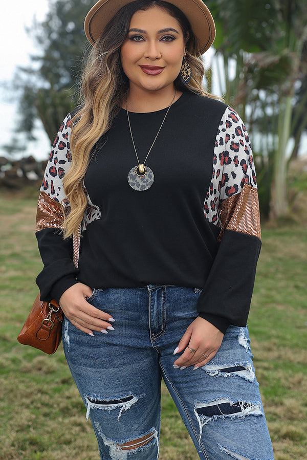 Leopard Sequin Patch Plus Size Long Sleeve Top-Lastshoppingexit