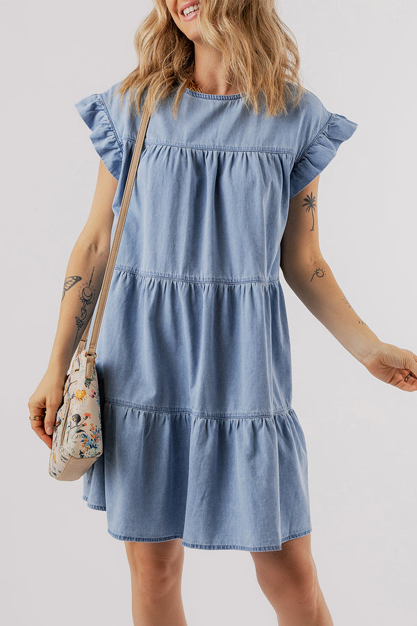 Beau Ruffle Tiered A-line Denim Dress-Lastshoppingexit