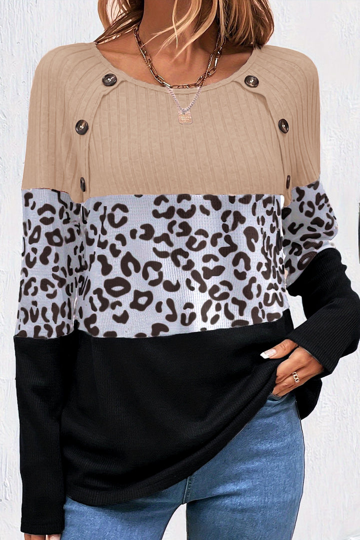 Cheetah Textured Patchwork Buttoned Round Neck-Lastshoppingexit