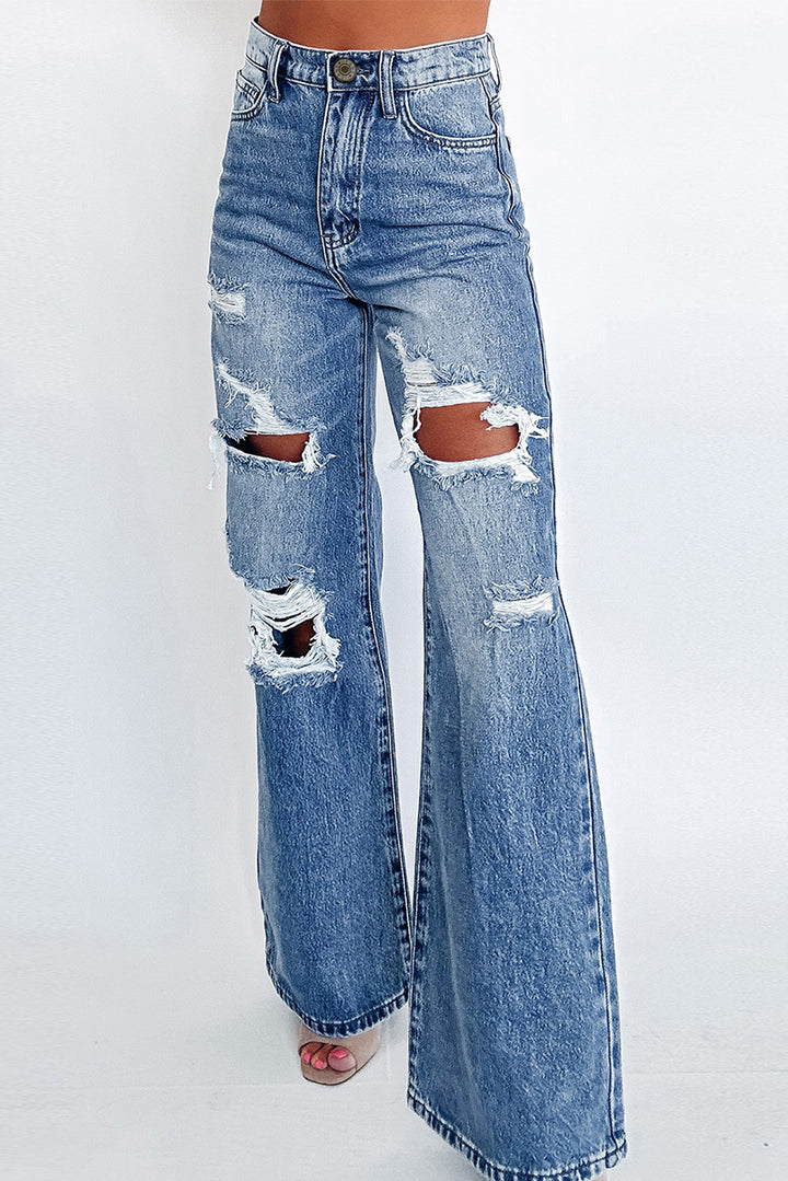 Acid Wash Distressed Wide Leg High Waist Jeans-Lastshoppingexit