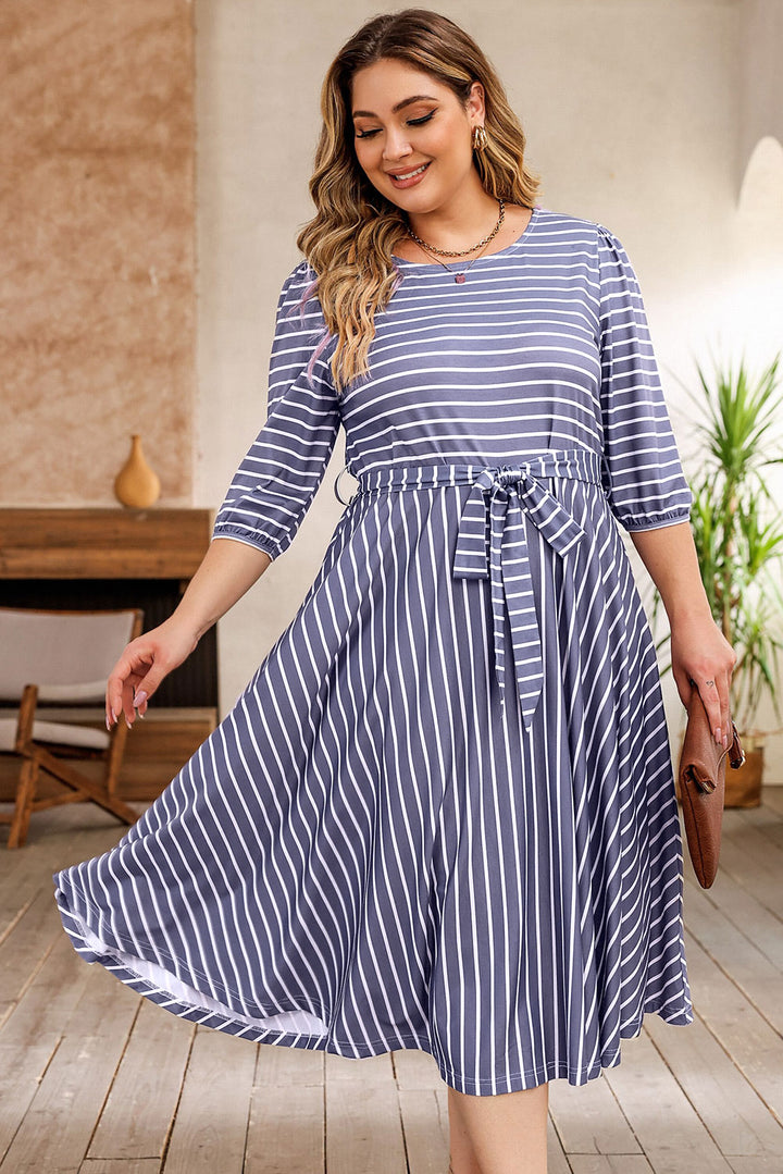 Striped Tie Waist 3/4 Sleeve Plus Size Dress-Lastshoppingexit