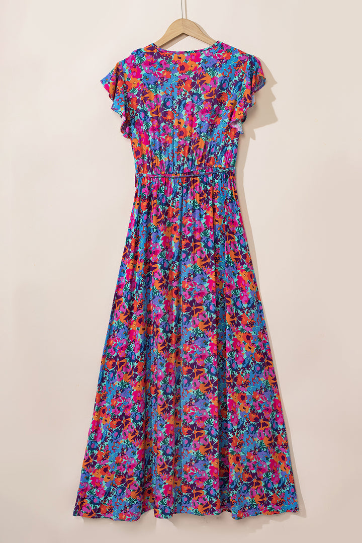 Floral Print V Neck Wrap Split Maxi Dress-Lastshoppingexit