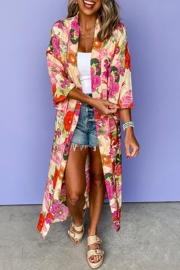 Floral Allover Print Open Front Belted Duster-Lastshoppingexit