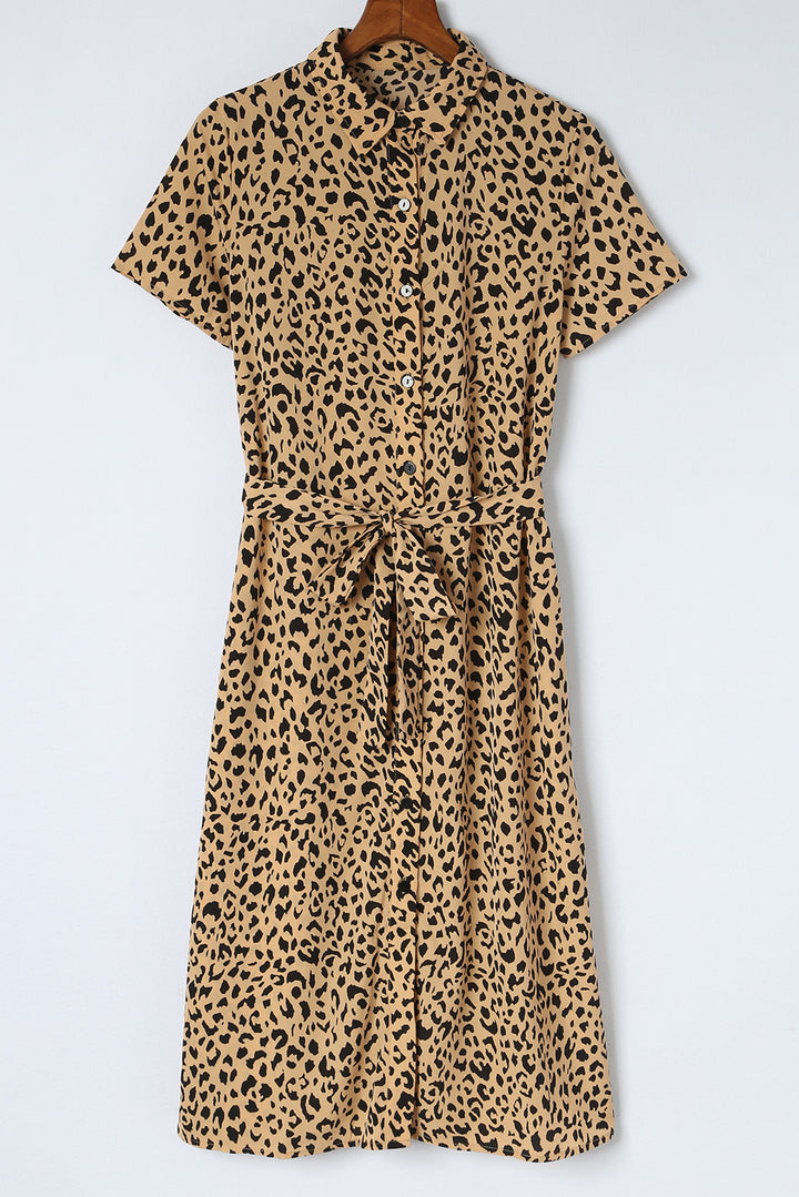 Leopard Turn-Down Collar Slit Midi Dress-Lastshoppingexit