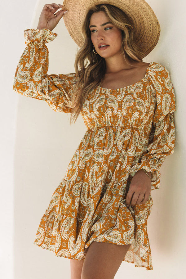 Paisley Long Sleeve Floral Dress-Lastshoppingexit