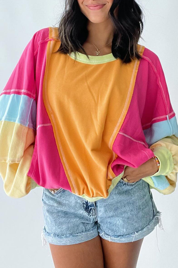 Plus Size Colorblock Patchwork Exposed Seam Sweatshirt-Lastshoppingexit