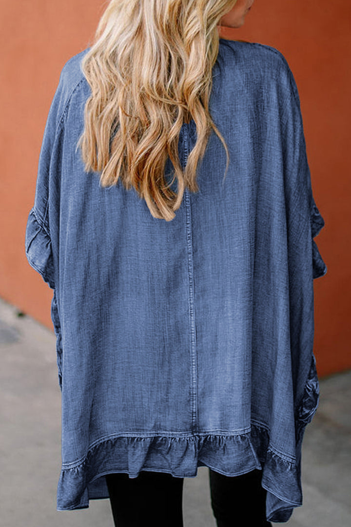 Chambray Ruffle Hem Half Sleeve Open Loose Kimono-Lastshoppingexit