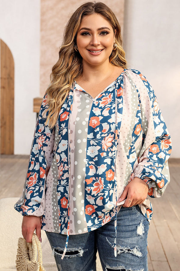 Multicolor Plus Size Mixed Print Split Neck Blouse-Lastshoppingexit