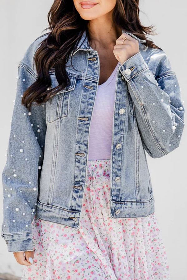 Pearl Beaded Chest Pockets Buttoned Denim Jacket-Lastshoppingexit