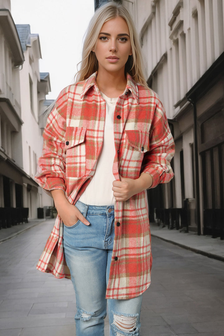 Plaid Flap Pocket Long Sleeve Shacket-Lastshoppingexit