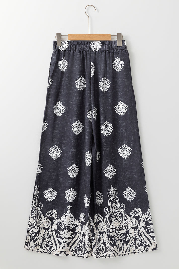 Bohemian Printed Drawstring Waist Wide Leg Pants-Lastshoppingexit