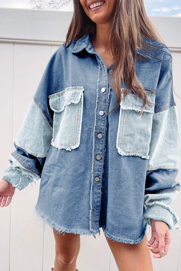 Color Block Frayed Patchwork Oversize Denim Jacket-Lastshoppingexit