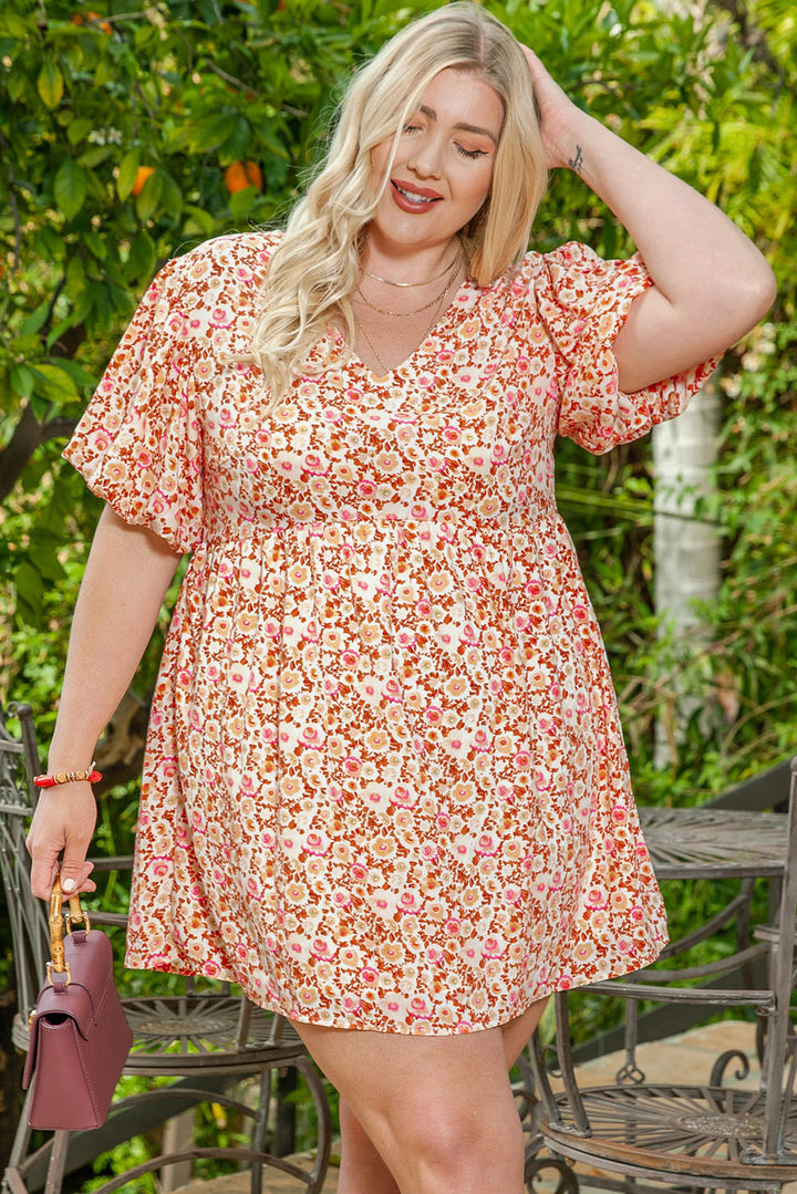 Plus Size Floral Print Puff Sleeves Dress-Lastshoppingexit