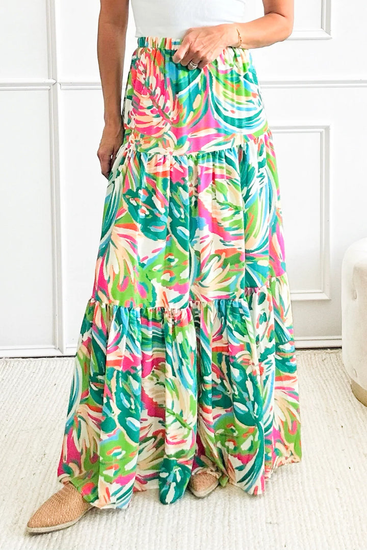 Abstract Printed High Waist Tiered Maxi Skirt-Lastshoppingexit