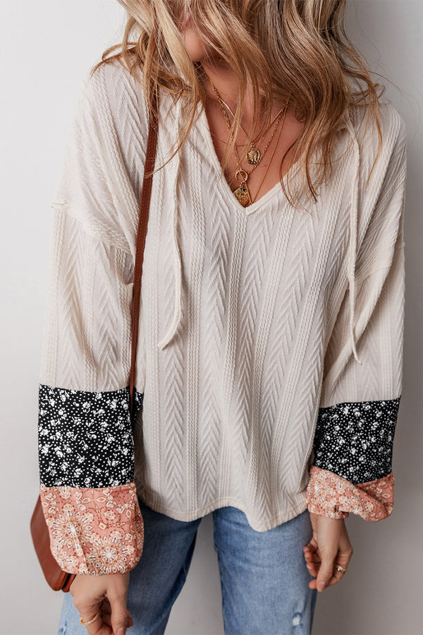 Floral Patchwork Textured Knit Drawstring V Neck Blouse-Lastshoppingexit