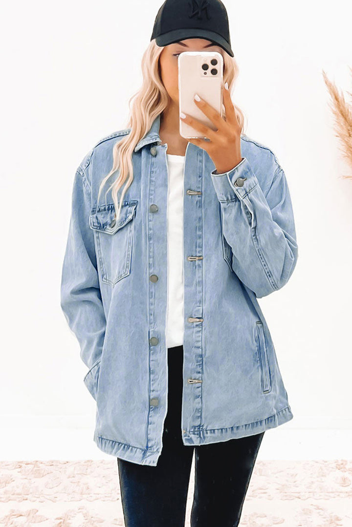 Acid Wash Flap Pocket Boyfriend Shacket-Lastshoppingexit