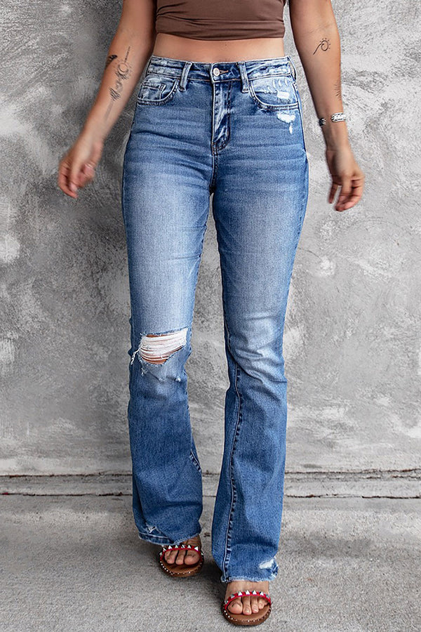 Blue Distressed Flare Jeans-Lastshoppingexit