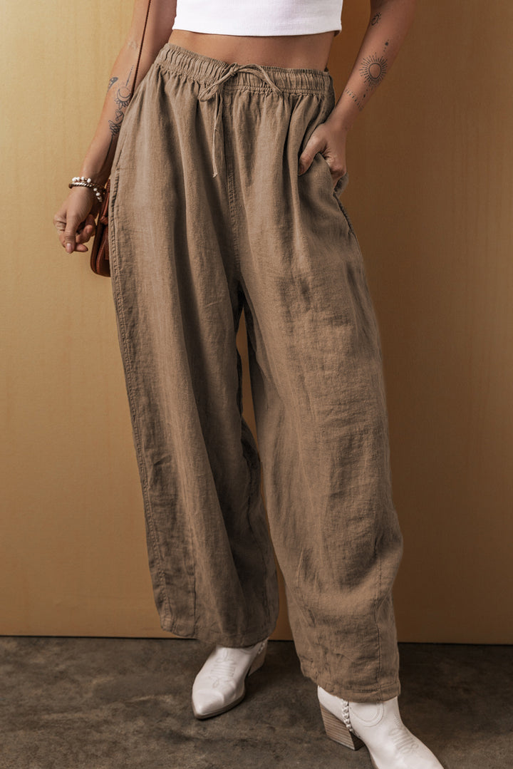 Palm Cotton Linen Drawstring Waist Wide Leg Pants-Lastshoppingexit