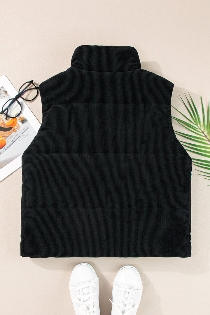 Corduroy Stand Neck Zipped Puffer Vest-Lastshoppingexit