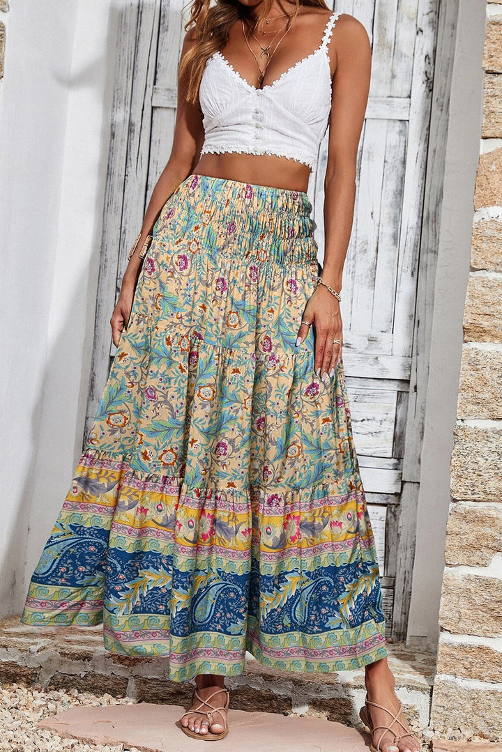 Floral & Paisley Print Shirred Waist Long Skirt-Lastshoppingexit