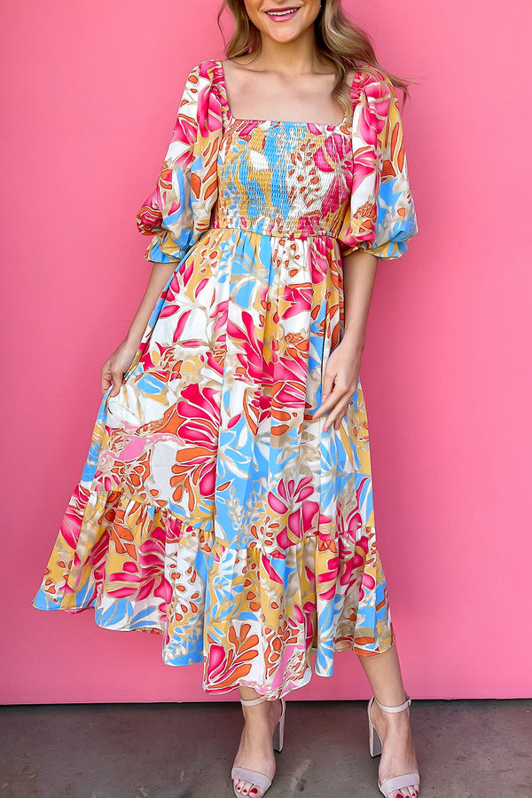 Tropical Print Smocked Bodice Puff Sleeve Maxi Dress-Lastshoppingexit