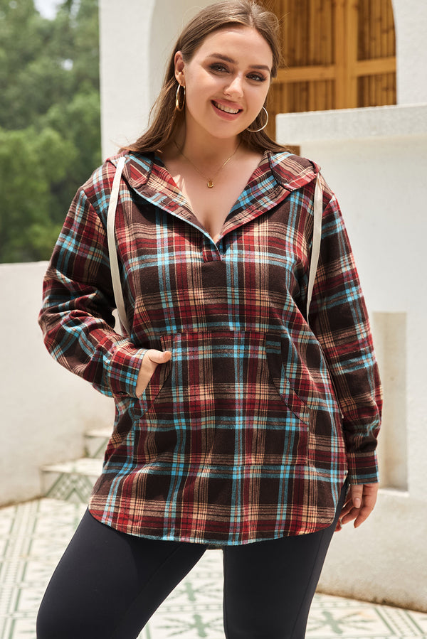 Plus Size Plaid Kangaroo Pocket Drawstring Hoodie-Lastshoppingexit