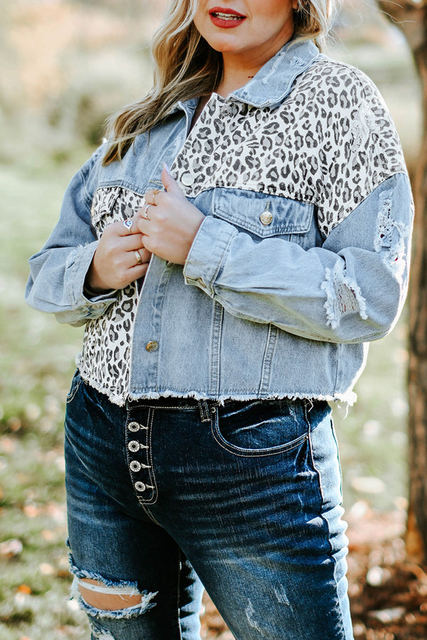 Plus Size Leopard Ripped Cropped Denim Jacket-Lastshoppingexit